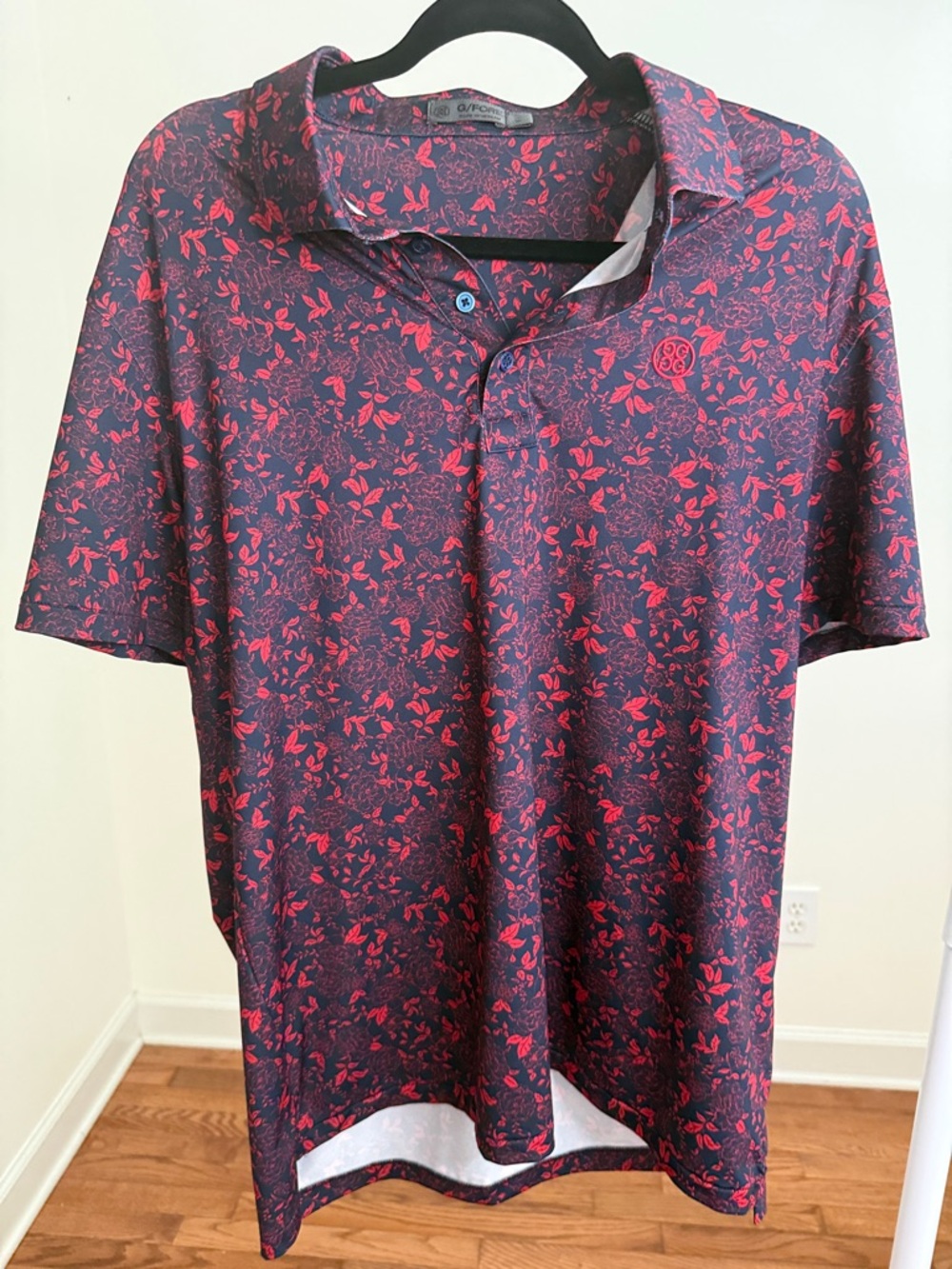 G/FORE Men's Navy Blue & Red Floral Golf Polo Large